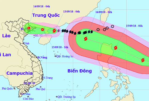Ảnh vị trí và dự báo đường đi của bão số Barijat (hình nhỏ) và siêu bão Mangkhut (hình lớn). Nguồn: NCHMF.