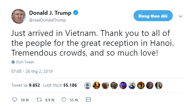 Tong thong Trump cam on su tiep don nong hau cua Viet Nam