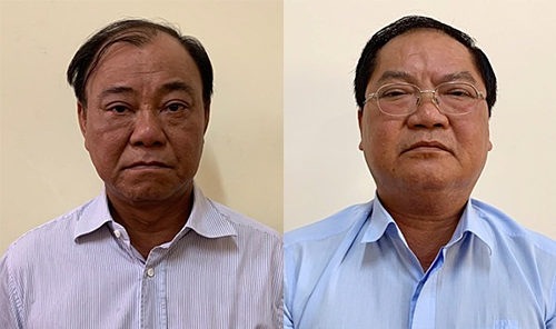 Ông Lê Tấn Hùng (trái) và Nguyễn Thành Mỹ tại cơ quan điều tra. Ảnh: Bộ Công an